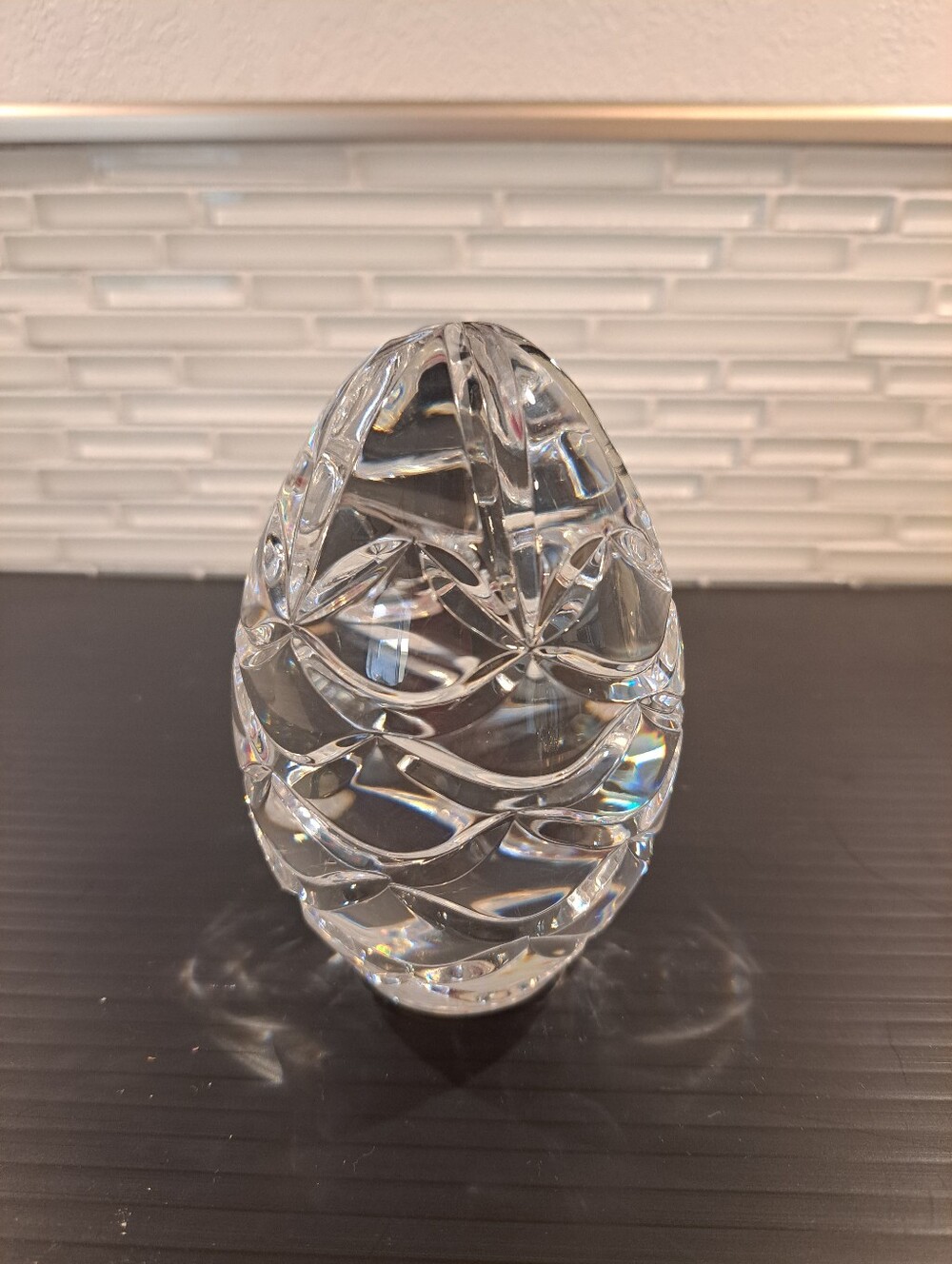 Large Hand Cut Clear Glass Crystal Egg Shaped Heavy Big Paperweight 4 1/2" X 3"